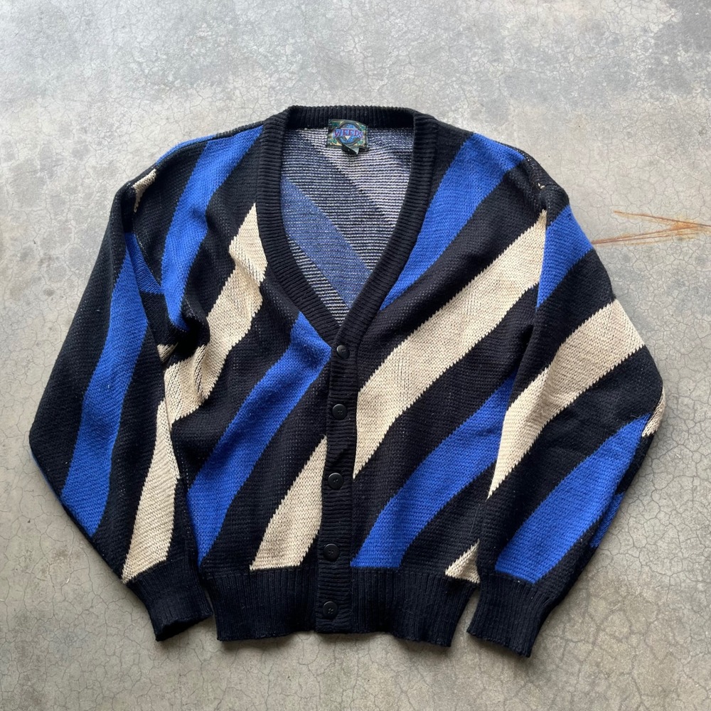 Vintage Weeds Mens Large Diagonal Stripe Cardigan Sweater Blue Black Cream Knit